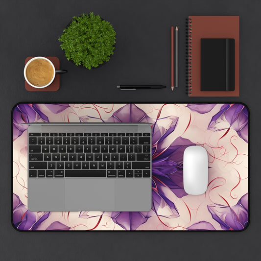 Violet Reverie desk mat in workspace with keyboard showing vibrant violet flower design