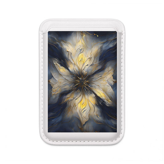 Luminous Petal glowing floral mandala art MagSafe card holder on white magnetic wallet
