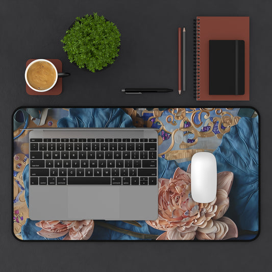 Peony Midnight Tapestry desk mat in workspace with keyboard showing rich floral tapestry artwork