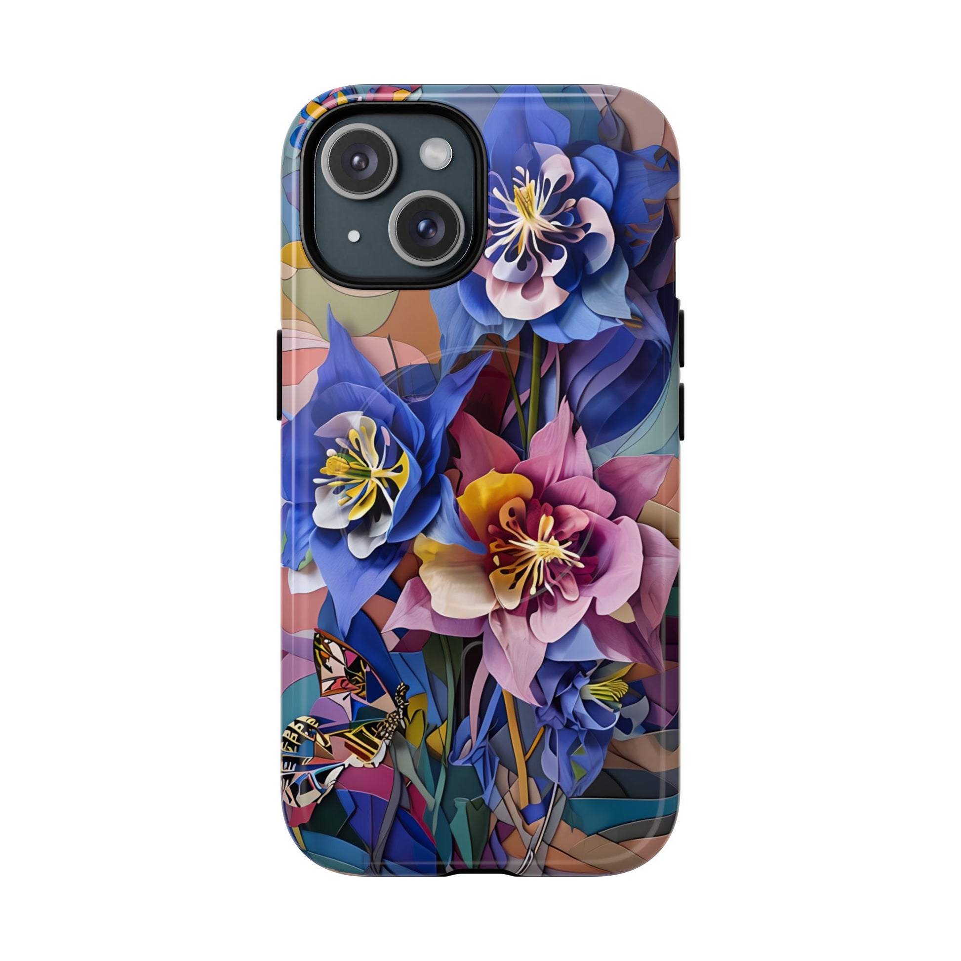 Blue Columbine Carnivale - Artistic Floral & Butterfly iPhone 15 MagSafe Phone Case - Vibrant Botanical Design