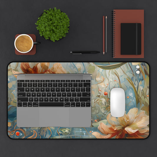 Waterlily Dreamscape desk mat in desk setup with keyboard showing serene waterlily design
