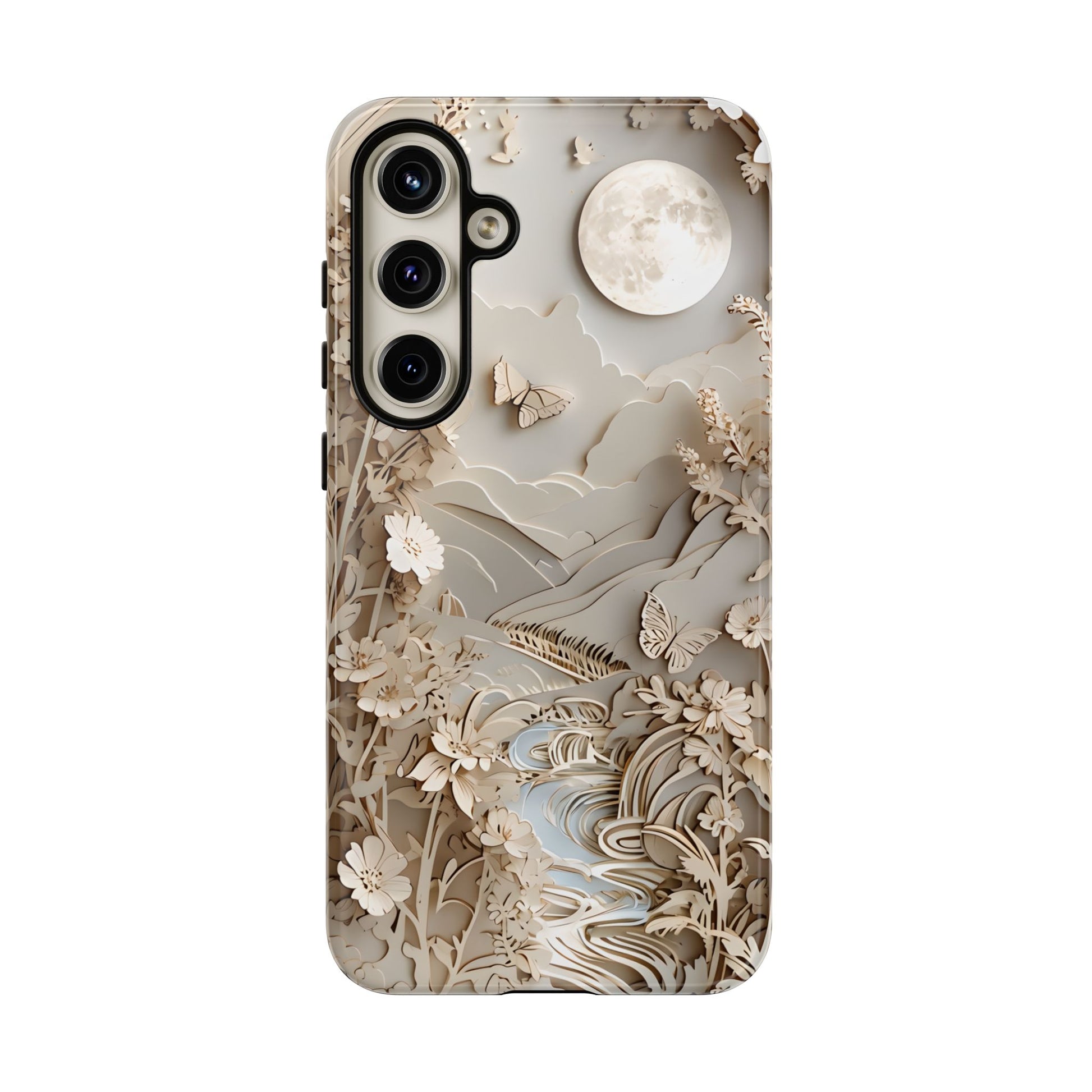 Moonlit Garden - Elegant Neutral Floral Samsung Galaxy S24 Plus Tough Phone Case - Painterly Botanical & Moon Design