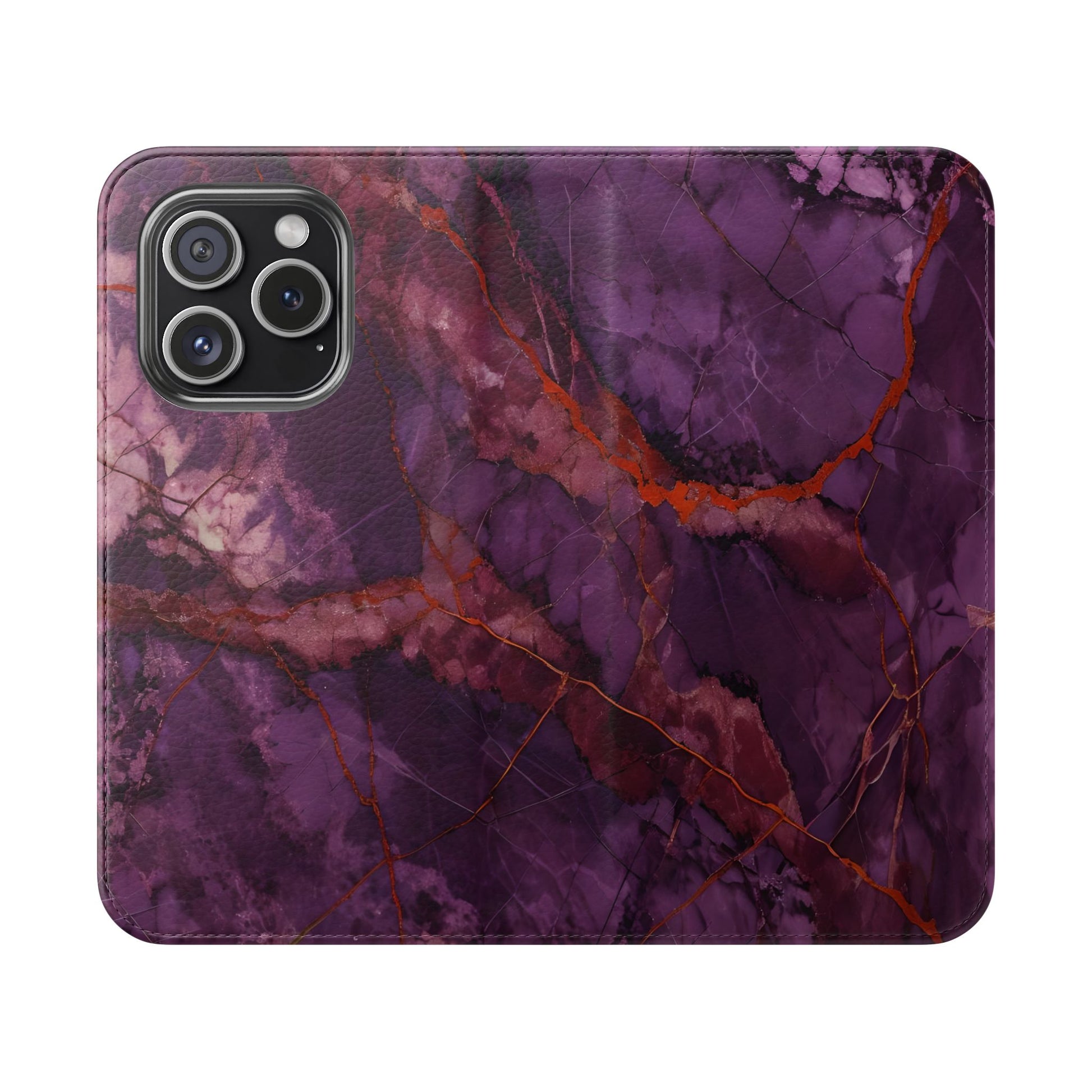 Amethyst Current Wallet Phone Case - Elegant Purple Marble Flip Cover for iPhone 15 Pro
