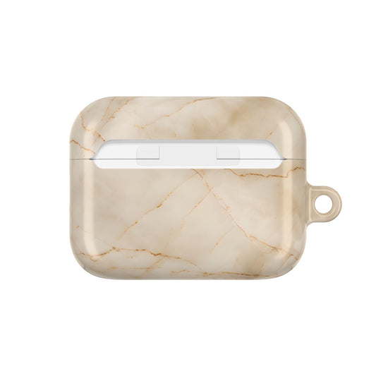 Parchment Mist AirPods case back view showing beige marble texture with delicate gold veining