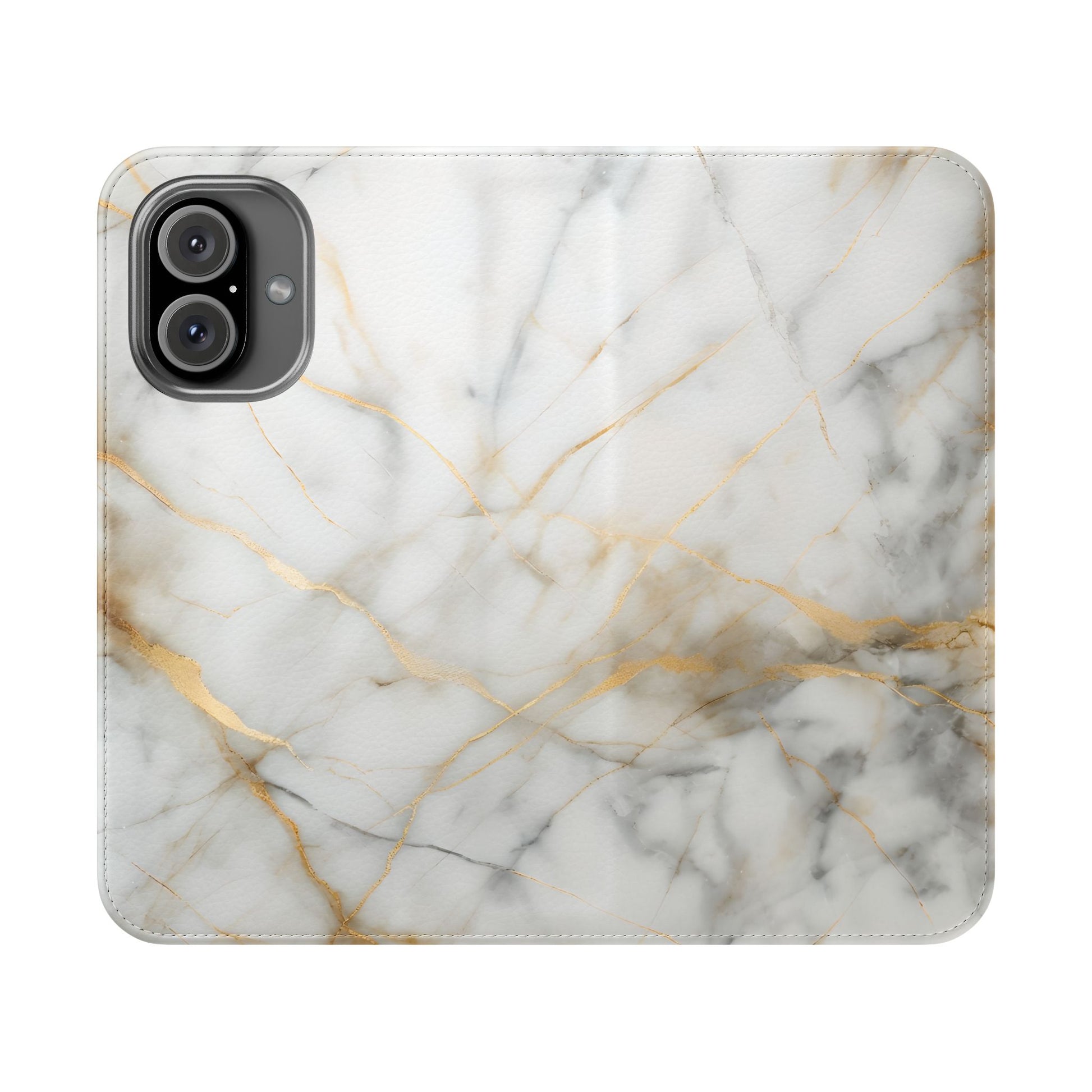 Golden Vein Wallet Phone Case - Gold & White Marble Design - Flip Cover for iPhone 16