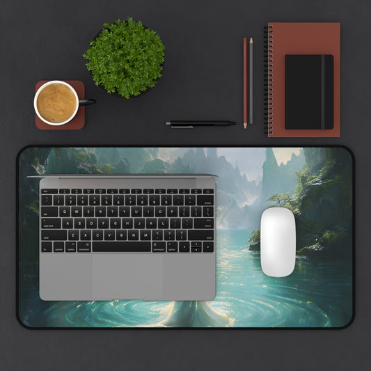 Celestial Tides desk mat in workspace with keyboard showing flowing celestial wave design