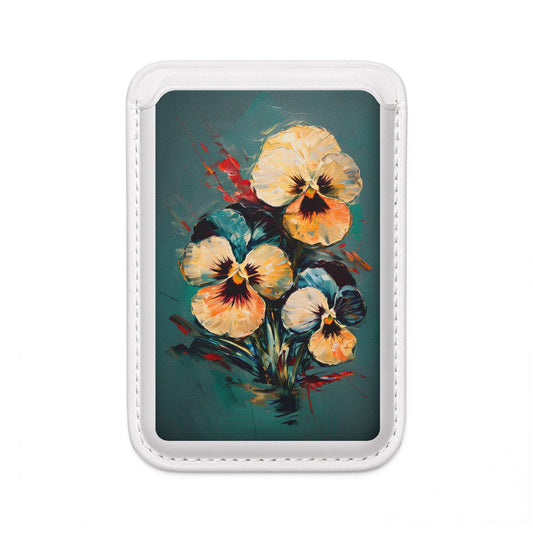 Golden Pansy Cascade floral MagSafe card holder with vintage pansy bouquet artwork on white magnetic wallet for iPhone