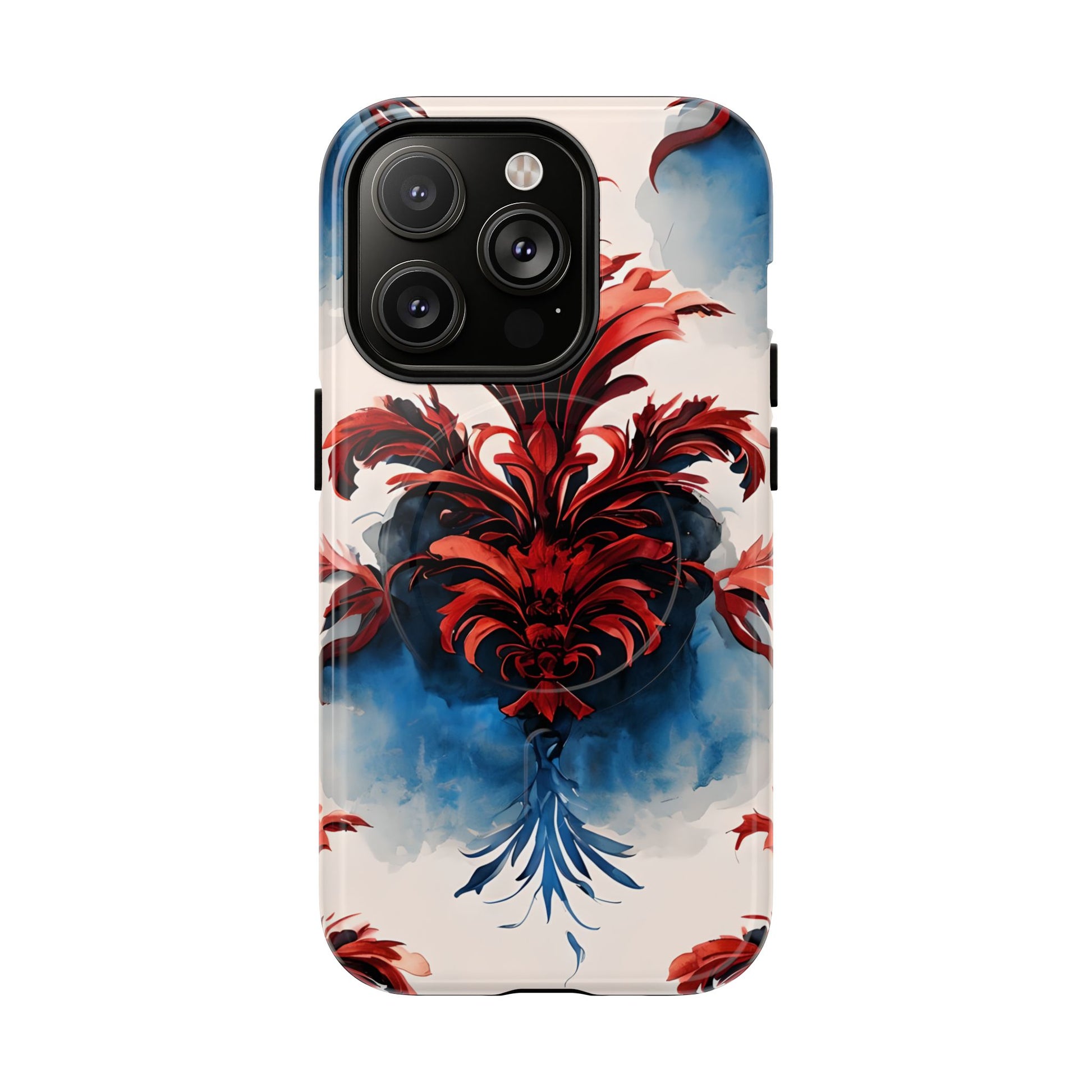 Crimson Plume - Bold Artistic Feather iPhone 14 Pro MagSafe Phone Case - Dramatic Red & Blue Design