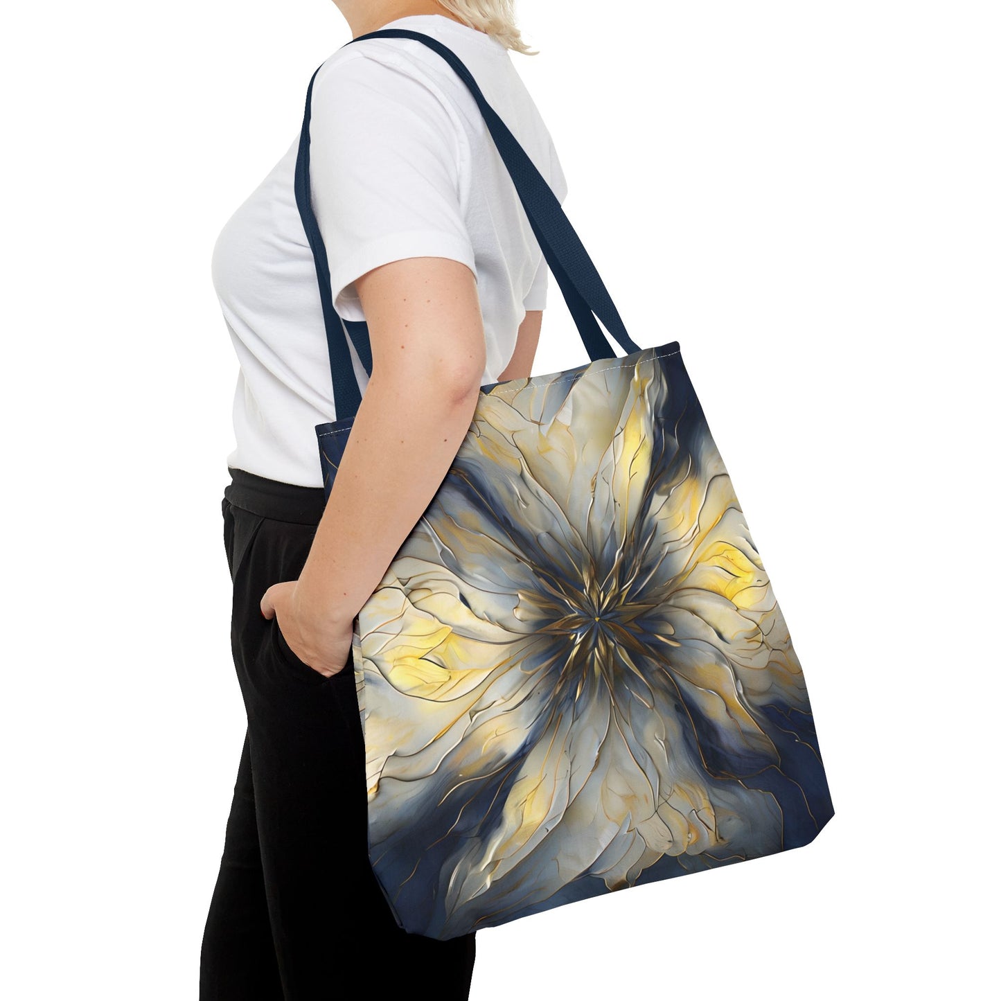 Luminous Petal Tote Bag (16x16 & 18x18)- Radiant Bloom in Gold and Indigo on Deep Navy Canvas, Reusable & Eco-Friendly