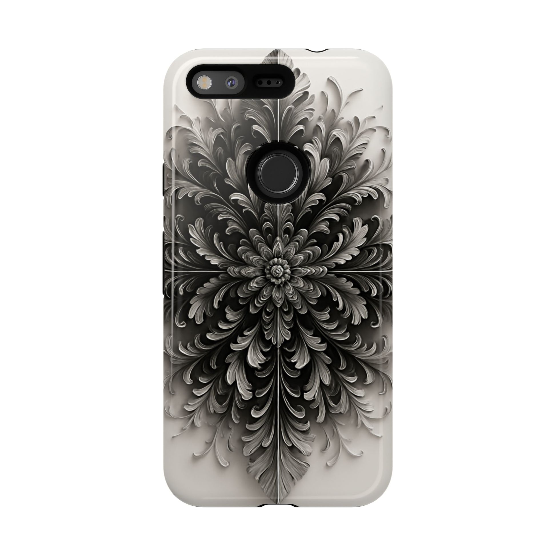 Obsidian Bloom - Elegant Black & White Google Pixel Tough Phone Case - Intricate Mandala Flower Design