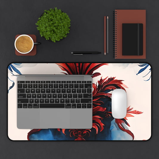 Crimson Plume desk mat in workspace with keyboard showing dramatic crimson abstract artwork