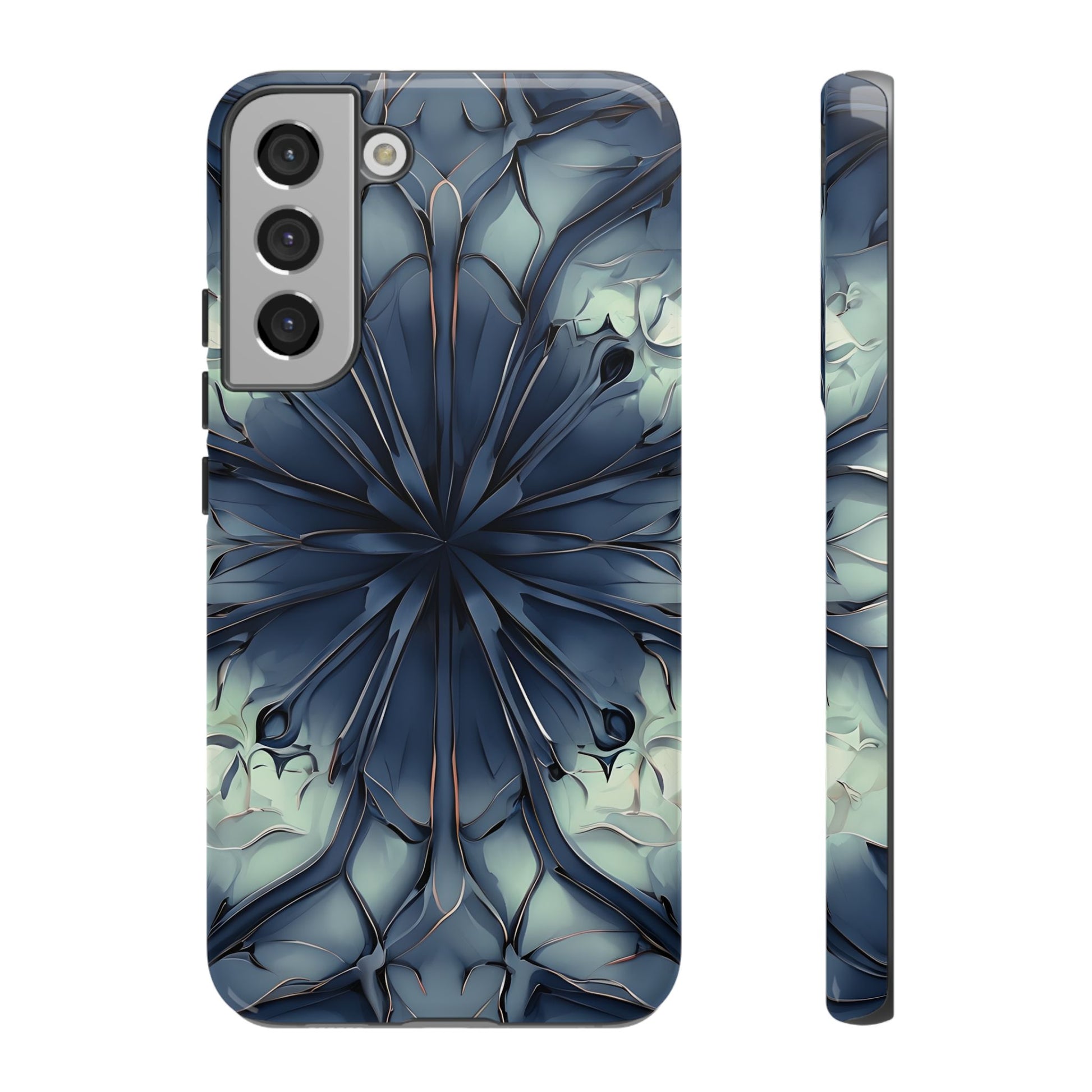 Indigo Mosaic - Artistic Kaleidoscope Collection Artistic Floral - Samsung Galaxy S22 Plus Tough Phone Case - Bold Blue Symmetrical Design