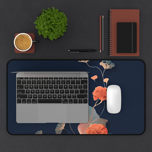 Lotus Reverie desk mat in workspace with keyboard showing lotus floral design