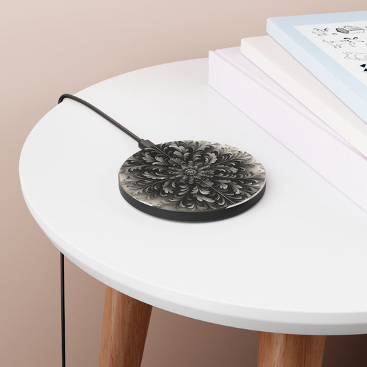 Obsidian Bloom black mandala floral art Qi wireless charger on bedside table with books