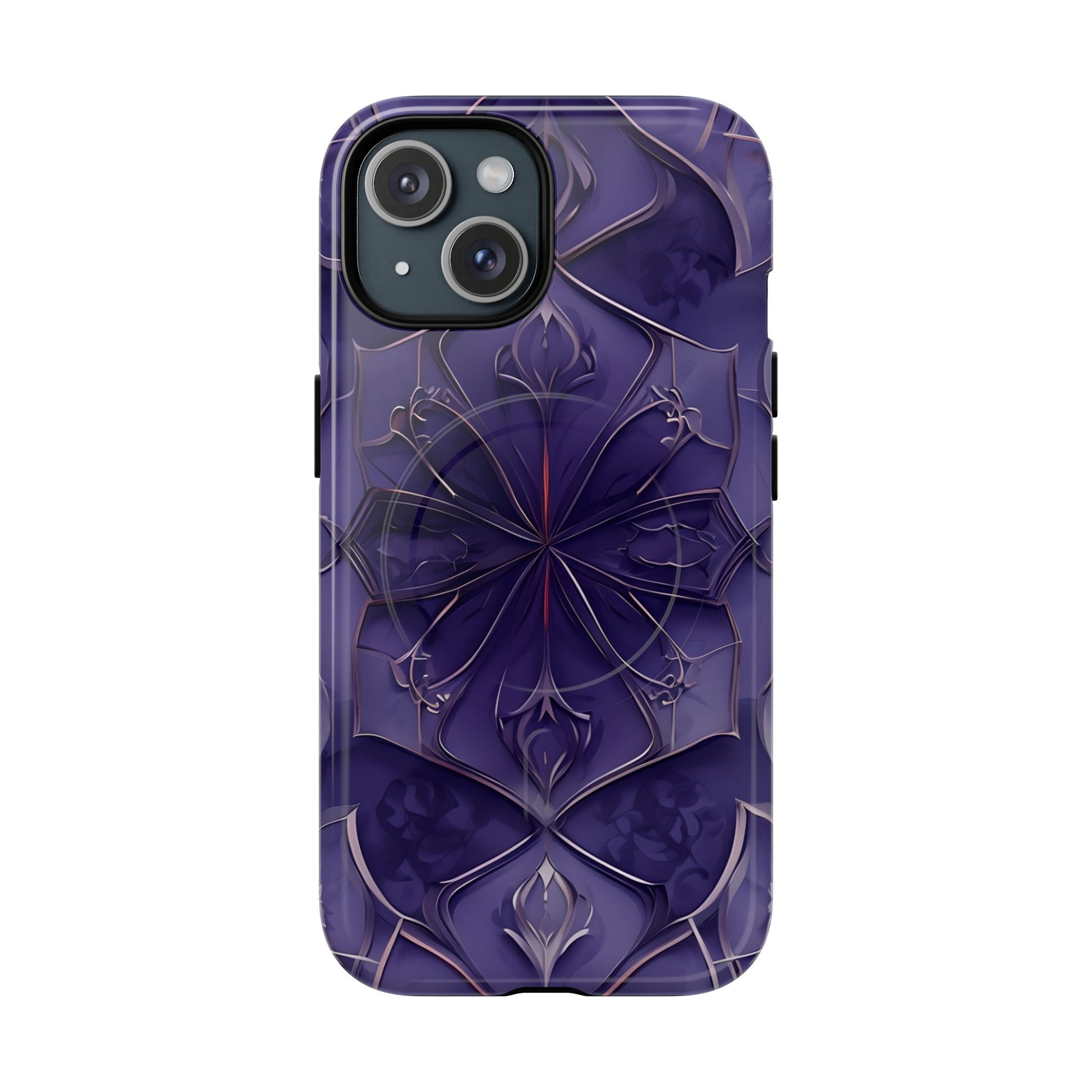 Violet Nebula - Kaleidoscope Collection Artistic Floral Burst - iPhone 15 MagSafe Phone Case -Bold Purple Symmetrical Design