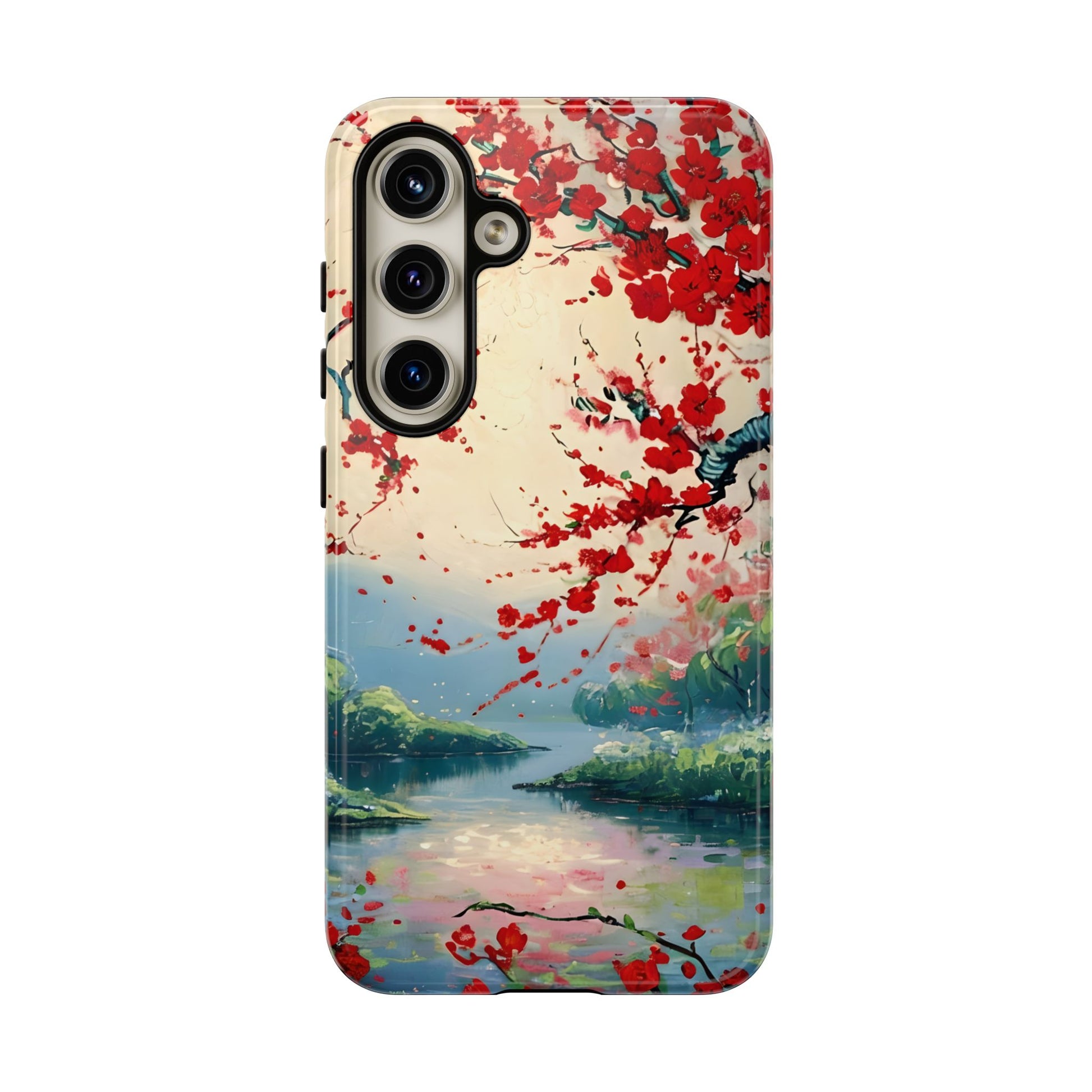 Crimson Blossom Lake - Artistic Floral Landscape Samsung Galaxy S24 Tough Phone Case - Red Cherry Blossoms & Serene Lake Design