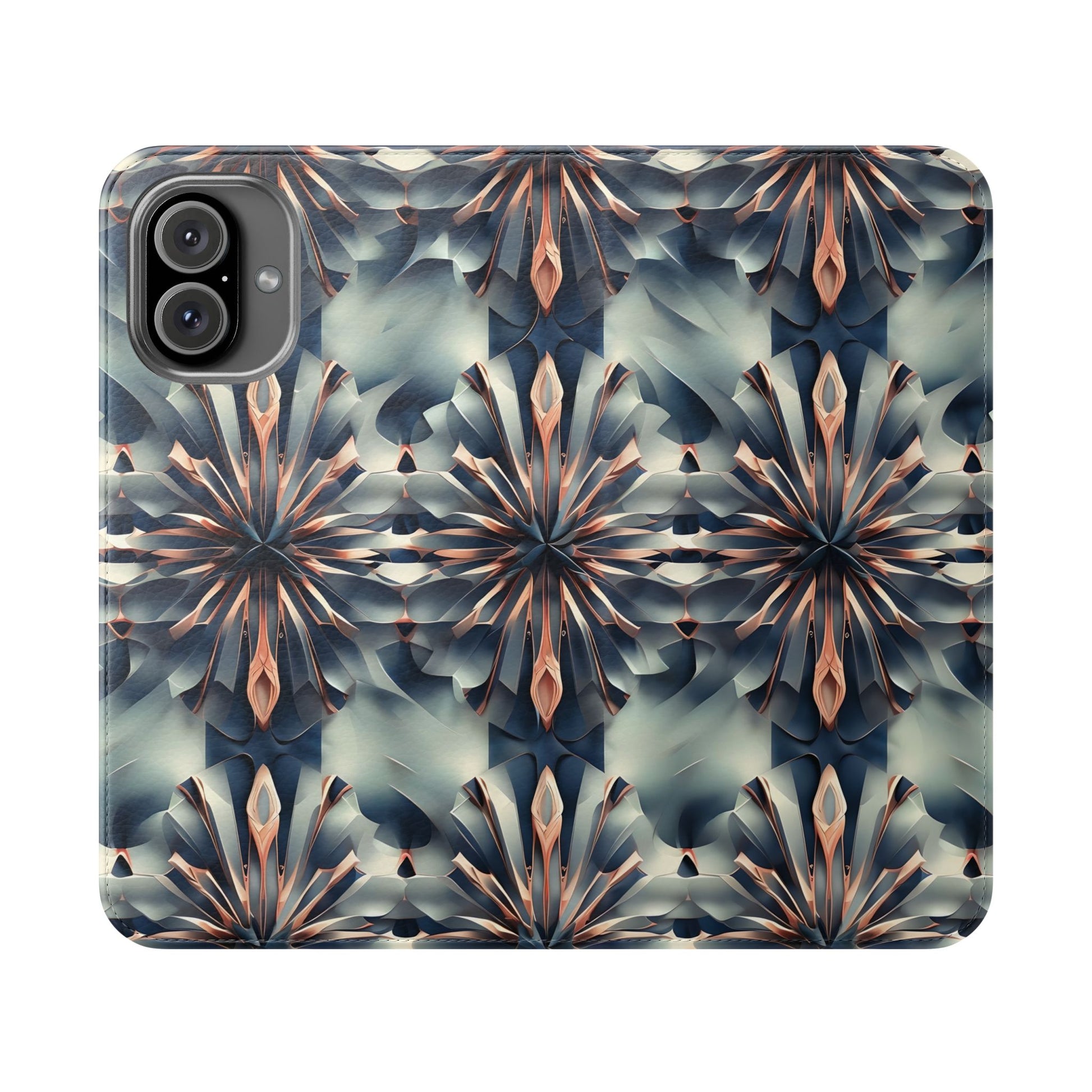 Obsidian Kaleidoscope iPhone 16 Plus Wallet Case - Elegant Abstract Flip Cover with Card Slots