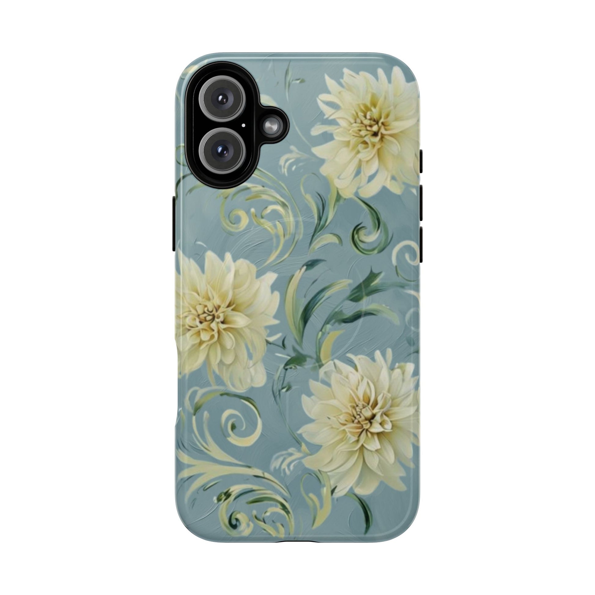 Golden Dahlia Trio - Elegant Floral iPhone 16 Plus MagSafe Phone Case - Artistic White & Blue Dahlia Design