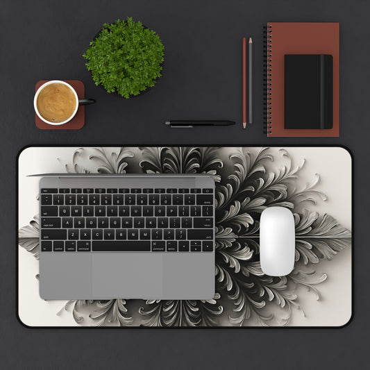 Obsidian Bloom desk mat in workspace with keyboard showing bold black floral design