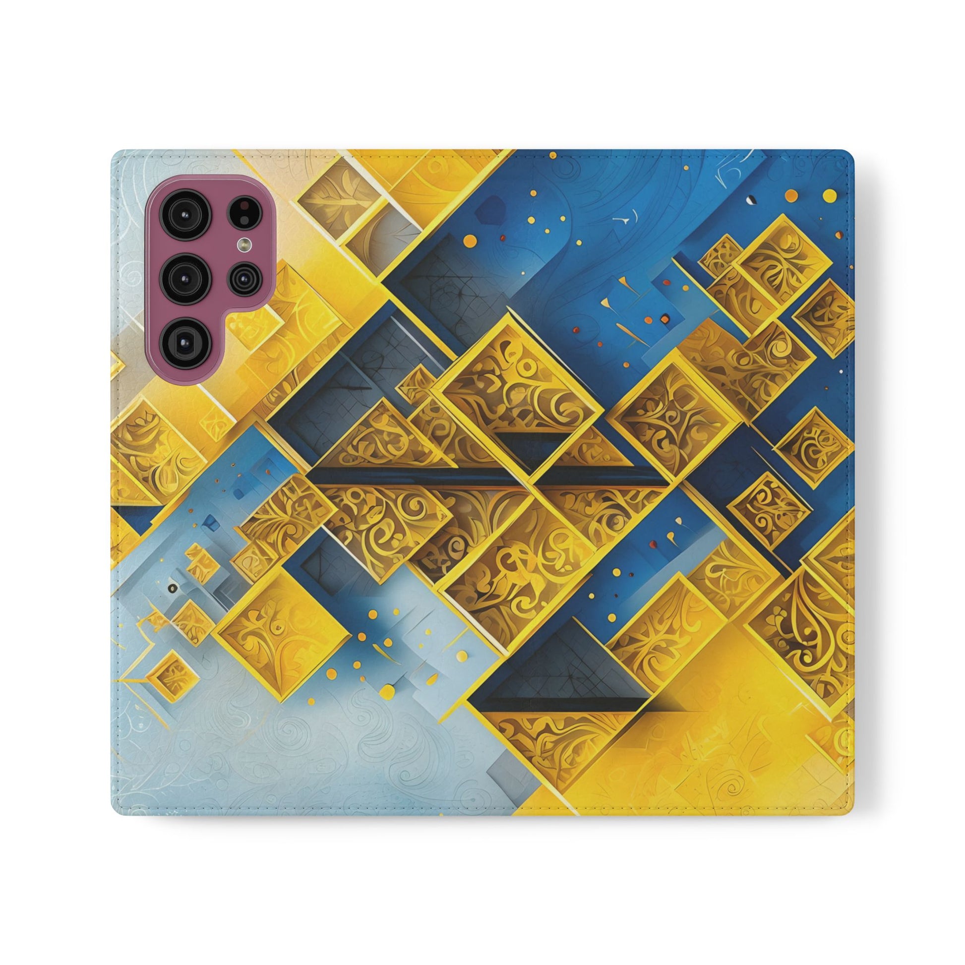 Golden Ascent Wallet Phone Case - Abstract Yellow & Blue Flip Cover for Samsung Galaxy S22 Ultra