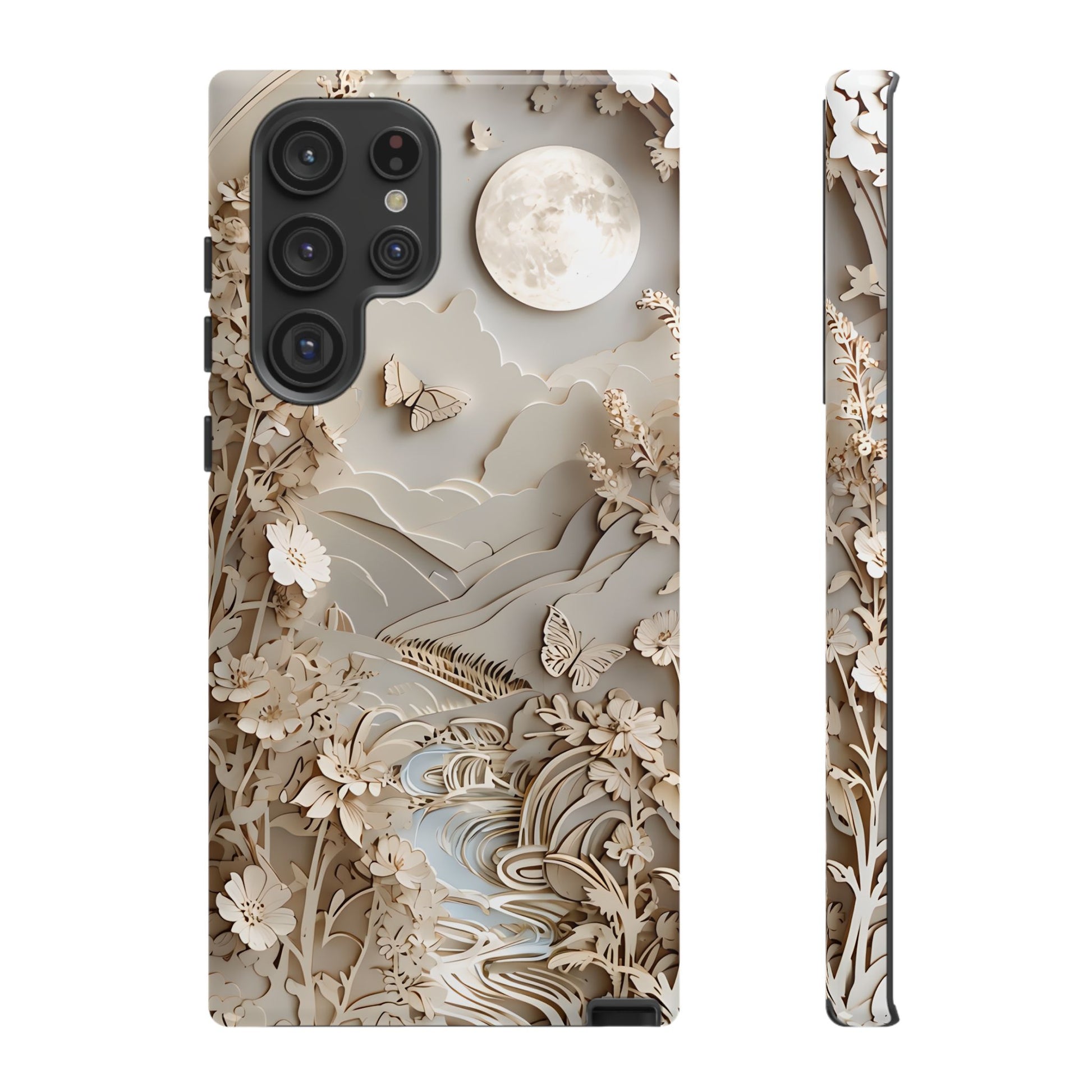 Moonlit Garden - Elegant Neutral Floral Samsung Galaxy S22 Ultra Tough Phone Case - Painterly Botanical & Moon Design