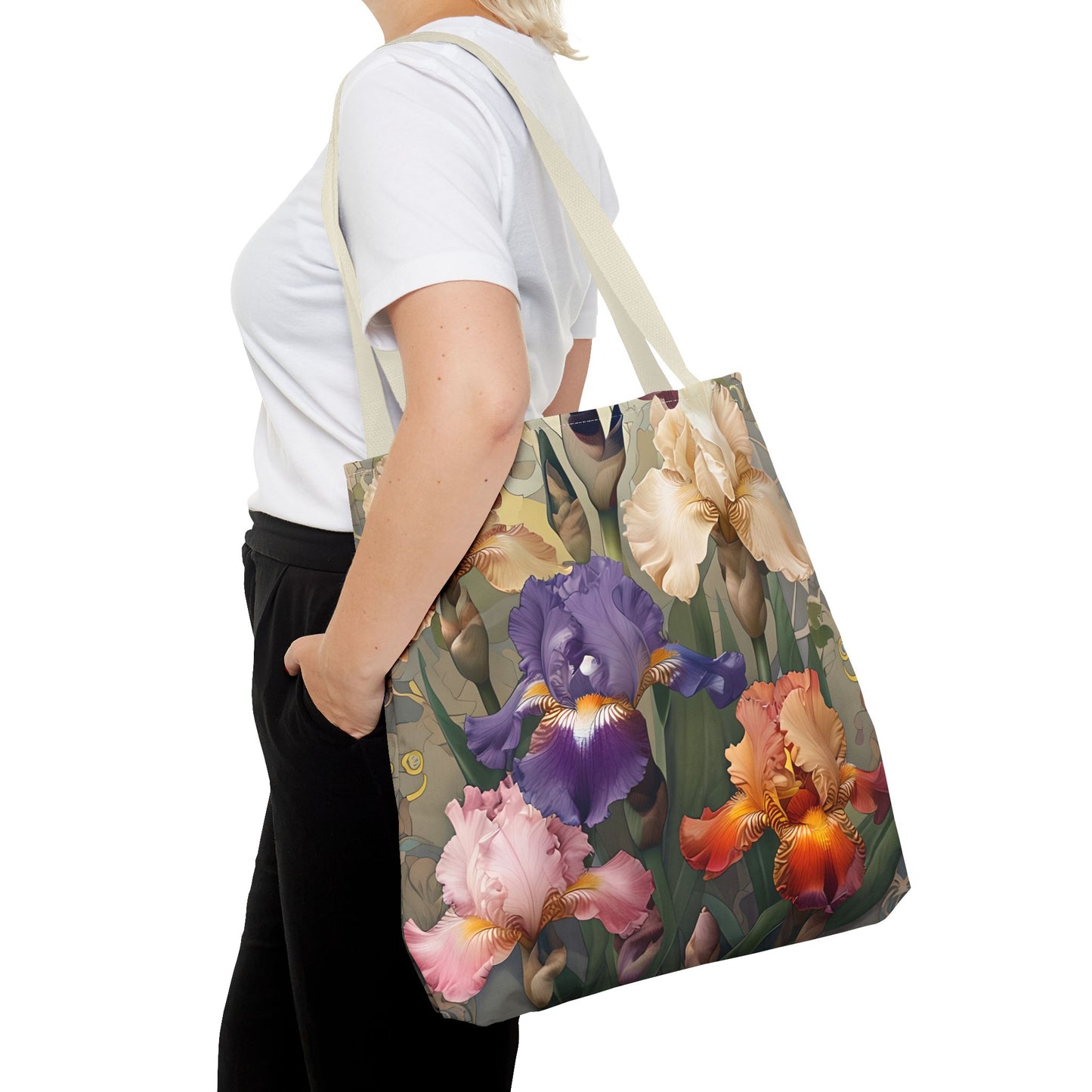 Iris Reverie Tote Bag (16x16 & 18x18)- Vintage Beige Canvas with Soft Purple, Pink and Orange Irises, Reusable & Eco-Friendly