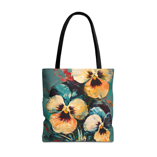 Golden Pansy Canvas Tote Bag (16x16 & 18x18) - Floral Design with Deep Teal Background, Eco-Friendly Shopping Bag
