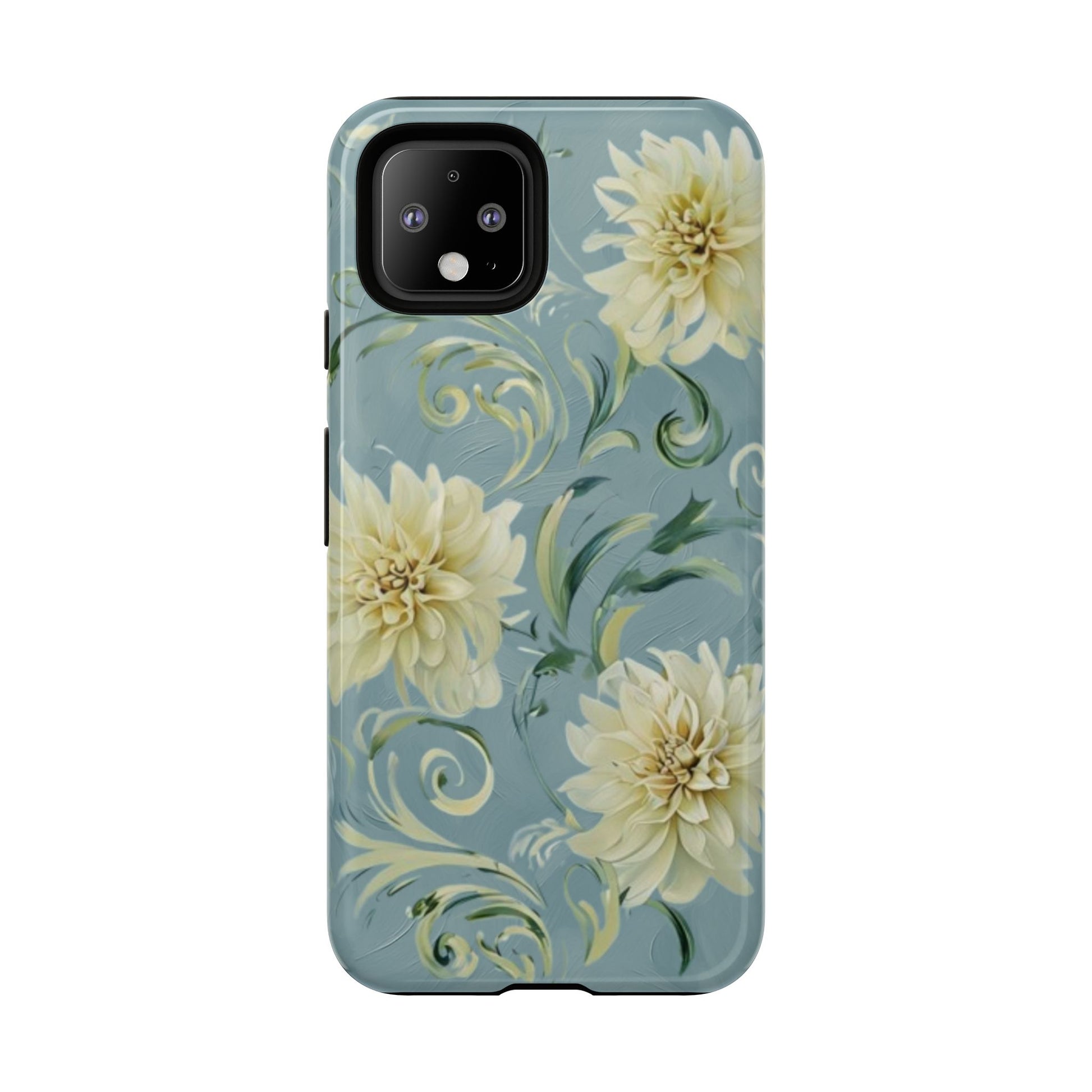 Golden Dahlia Trio - Elegant Floral Google Pixel 4 Tough Phone Case - Artistic White & Blue Dahlia Design