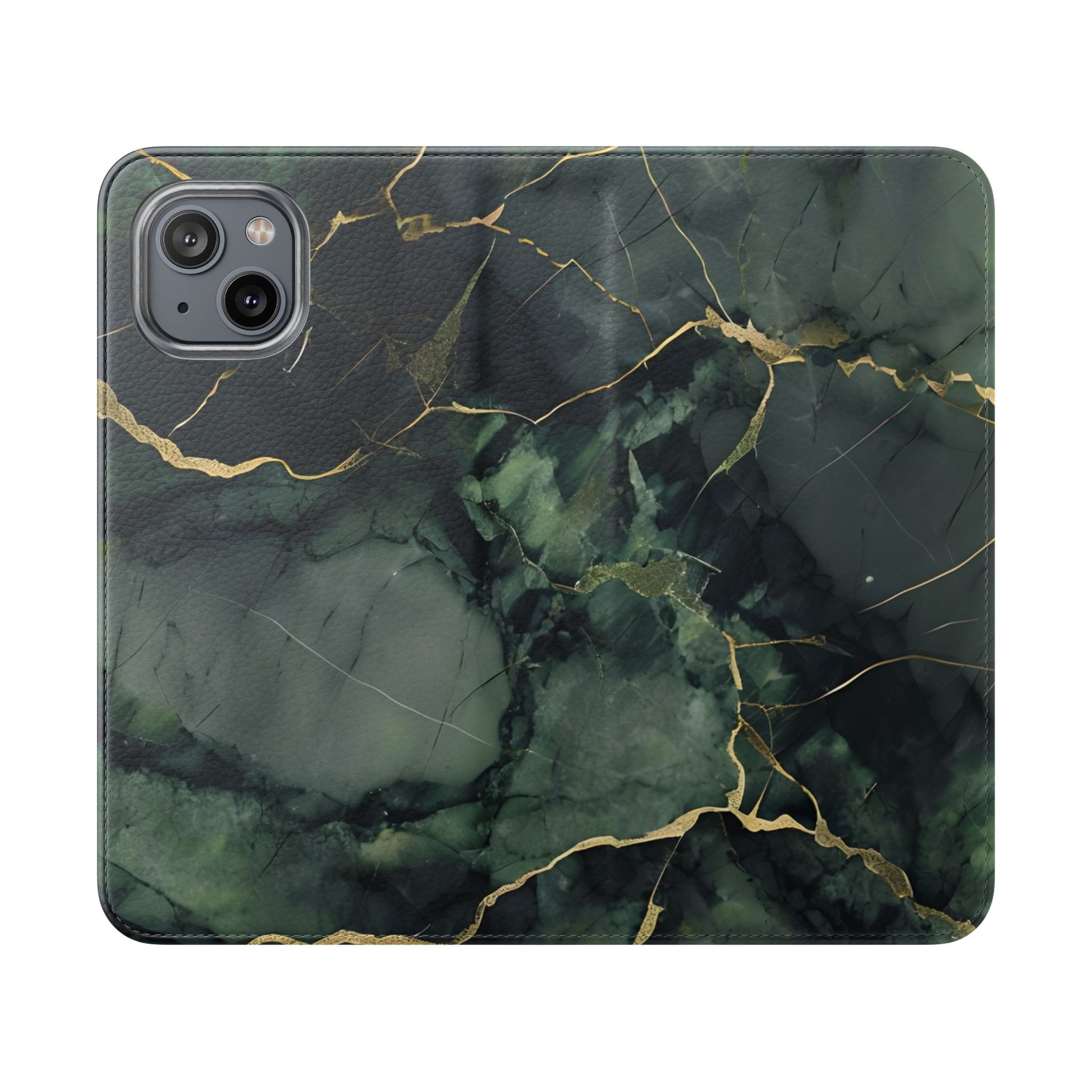Verdant Vein - Green Marble Design Wallet Phone Case for iPhone 14