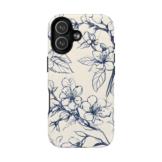 Blossom Sketch - Artistic Blue Floral - iPhone MagSafe Phone Case - Botanical Design