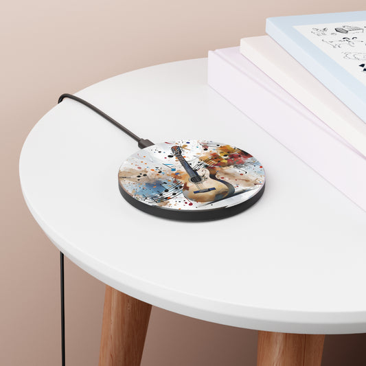 Strum and Flow guitar music art Qi wireless charger on bedside table with books