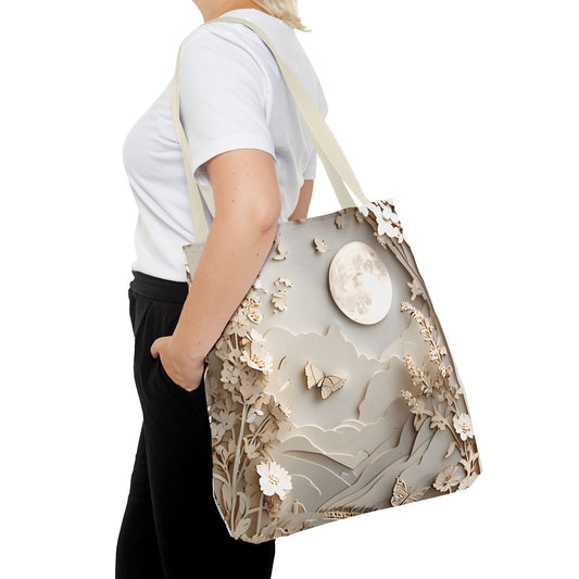Moonlit Garden Tote Bag (16x16, 18x18), Dreamy Sculpted Motif in Soft Beige, Flat Printed Canvas Reusable Nature-Inspired Canvas Bag