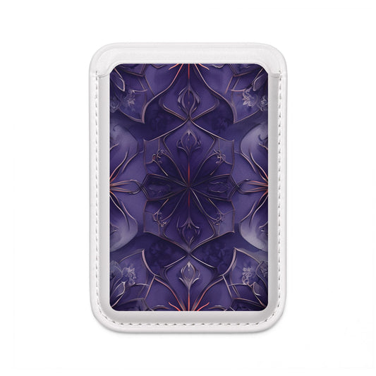 Violet Nebula MagSafe card holder with violet cosmic geometric design on white magnetic wallet.