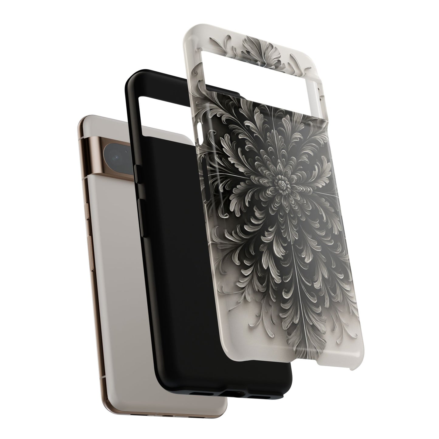 Obsidian Bloom shockproof dual layer Google Pixel phone case with black floral mandala design