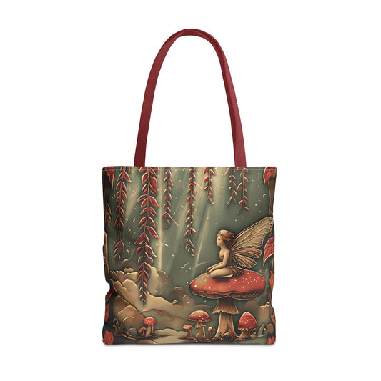 Willow Whisper Tote Bag (16x16 & 18x18)- Enchanted Woodland Scene with Red Handles, Reusable & Eco-Friendly Canvas