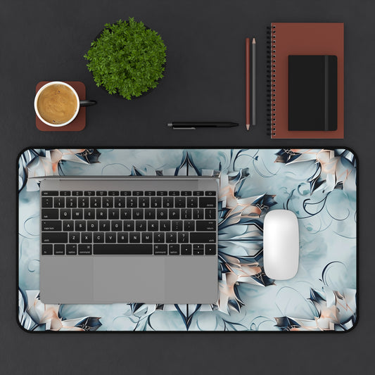 Indigo Mirage desk mat in workspace with keyboard showing flowing indigo abstract design