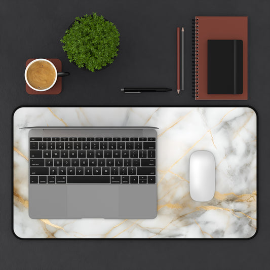 Golden Vein desk mat in workspace with keyboard showing elegant marble design