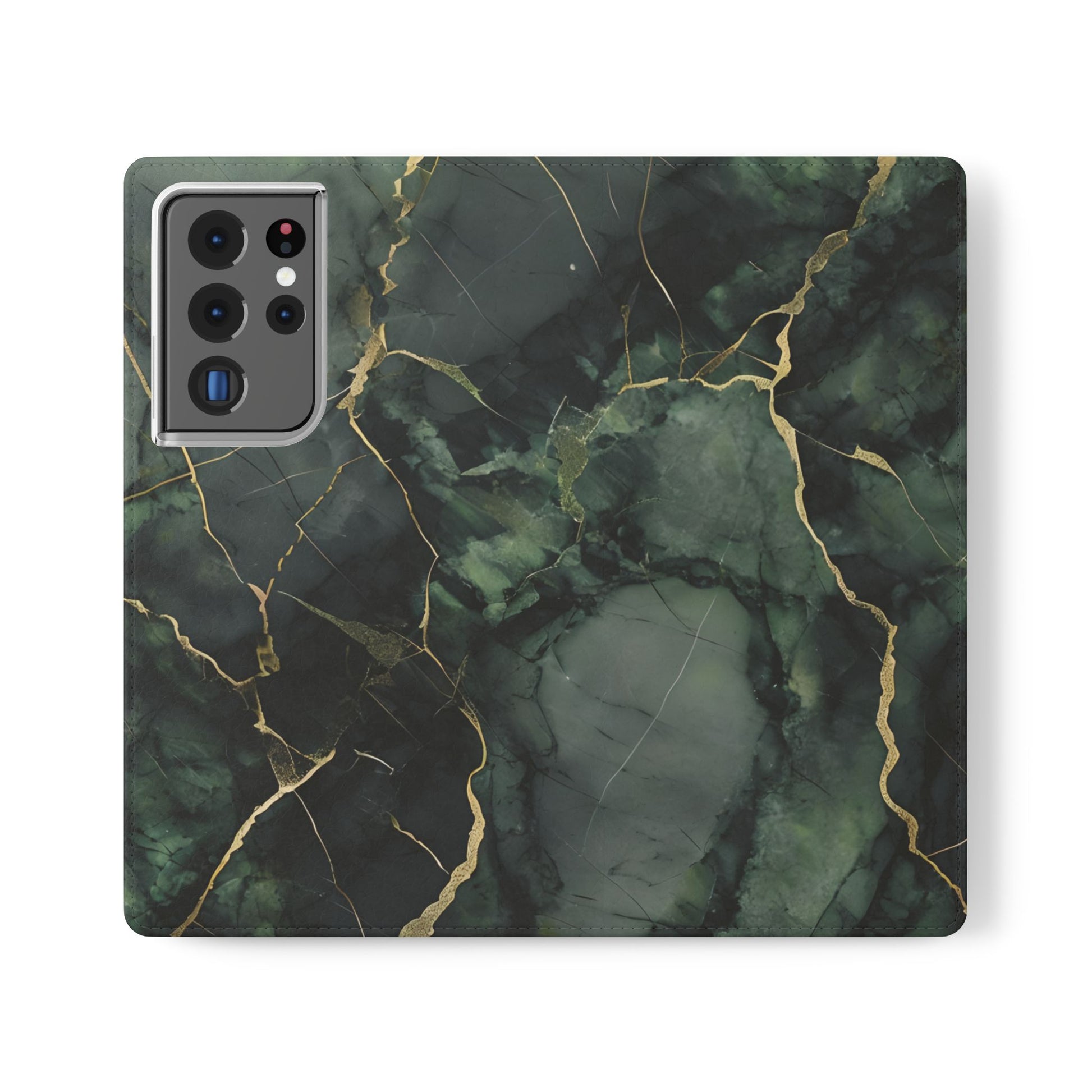 Verdant Vein - Flip Phone Case for Samsung Galaxy S21 Ultra - Green and Gold Marble Design