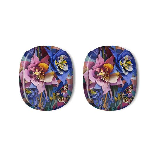 Blue Columbine Carnivale AirPods Max ear cup covers featuring layered blue, pink, and purple columbine blossoms with a detailed butterfly accent, flat product view