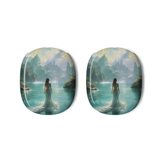 Celestial Tides AirPods Max ear cup covers with small, silhouetted woman facing dreamy teal seascape and towering cliffs, flat product view