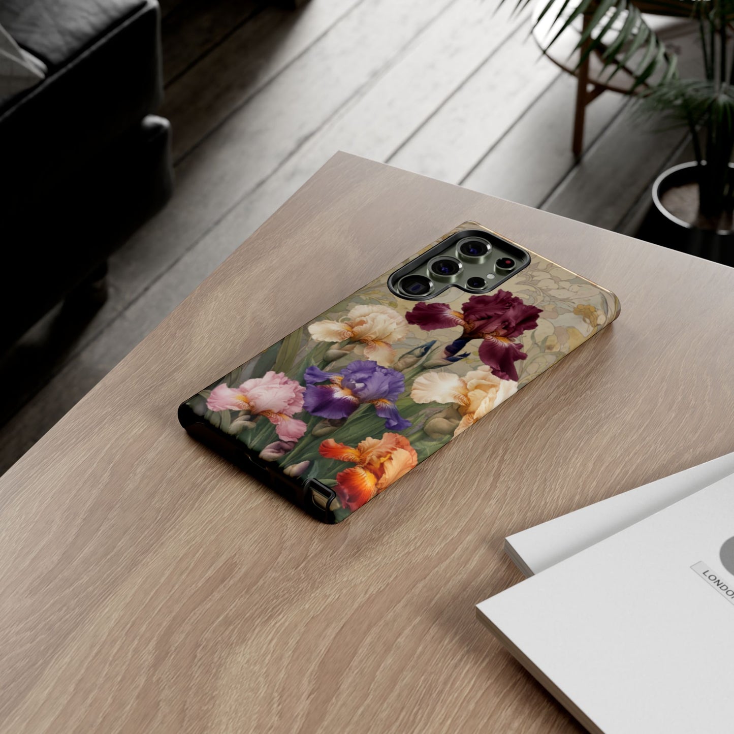 Iris Reverie vintage floral Samsung Galaxy phone case lifestyle desk scene