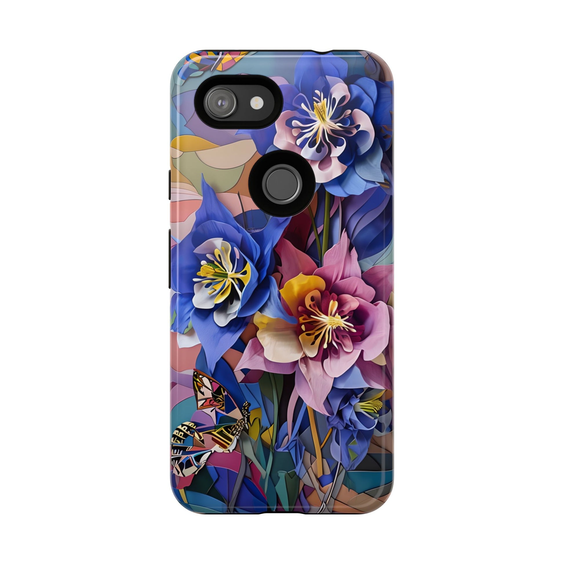Blue Columbine Carnivale - Artistic Floral & Butterfly Google Pixel 3a Tough Phone Case - Vibrant Botanical Design
