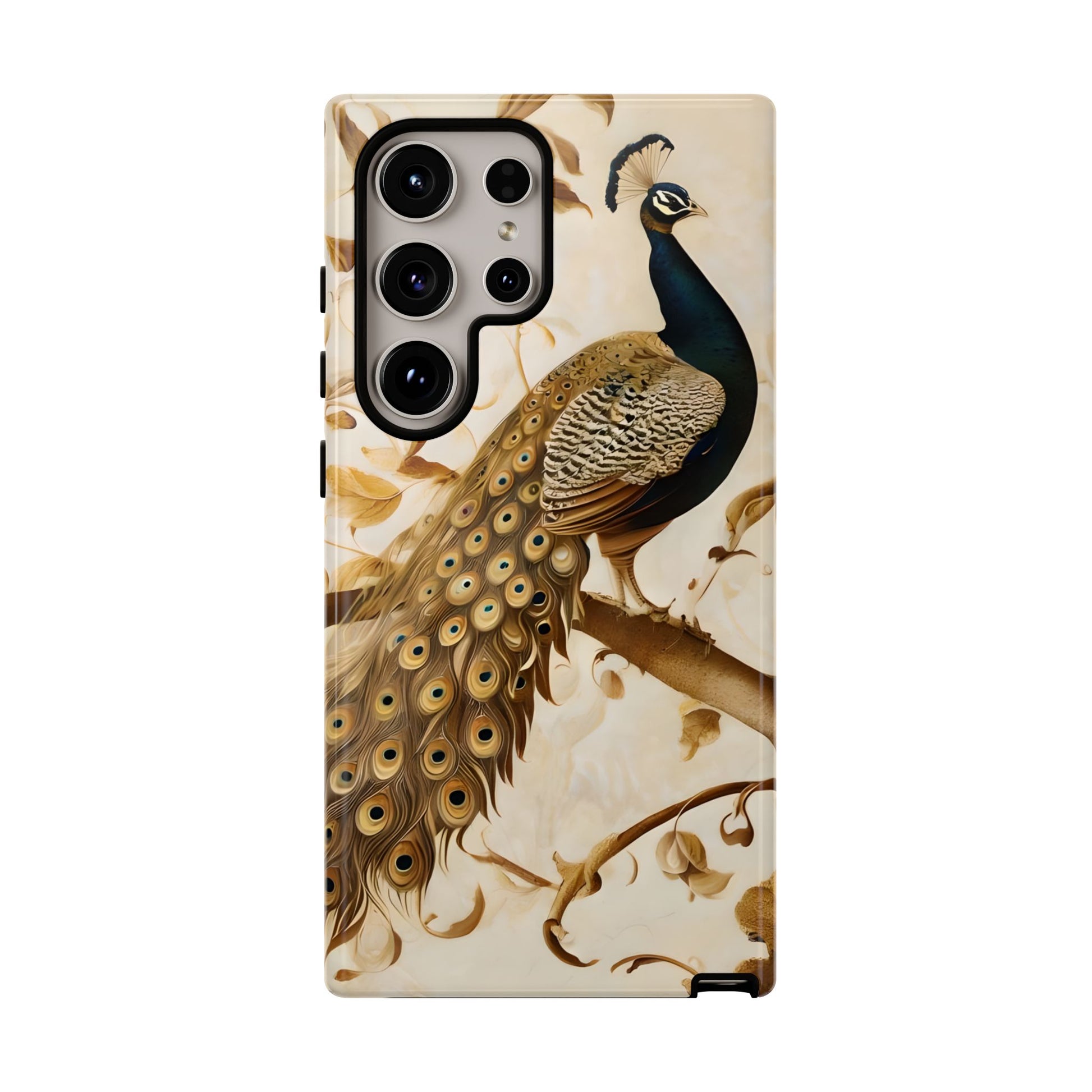 Golden Plumage - Luxe Peacock Art Samsung Galaxy S24 Ultra Phone Case - Elegant Gold & Cream Design