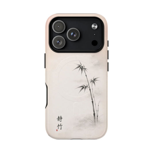 Still Bamboo iPhone case with large camera cutout – minimalist Japanese bamboo design, soft neutral tones, slim protective phone case, calming zen-inspired artwork