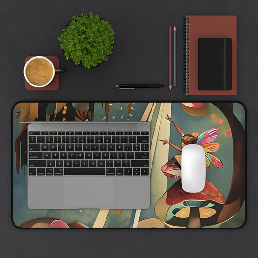 Enchanted Orchard desk mat in workspace with keyboard showing colorful orchard illustration