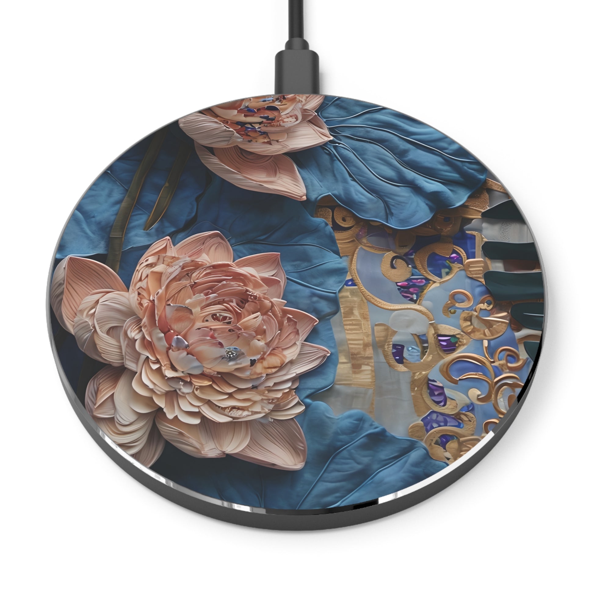 Peony Midnight Tapestry Qi Wireless Charger - 10W Fast Charging Pad - MagSafe Compatible Designer Phone Charger