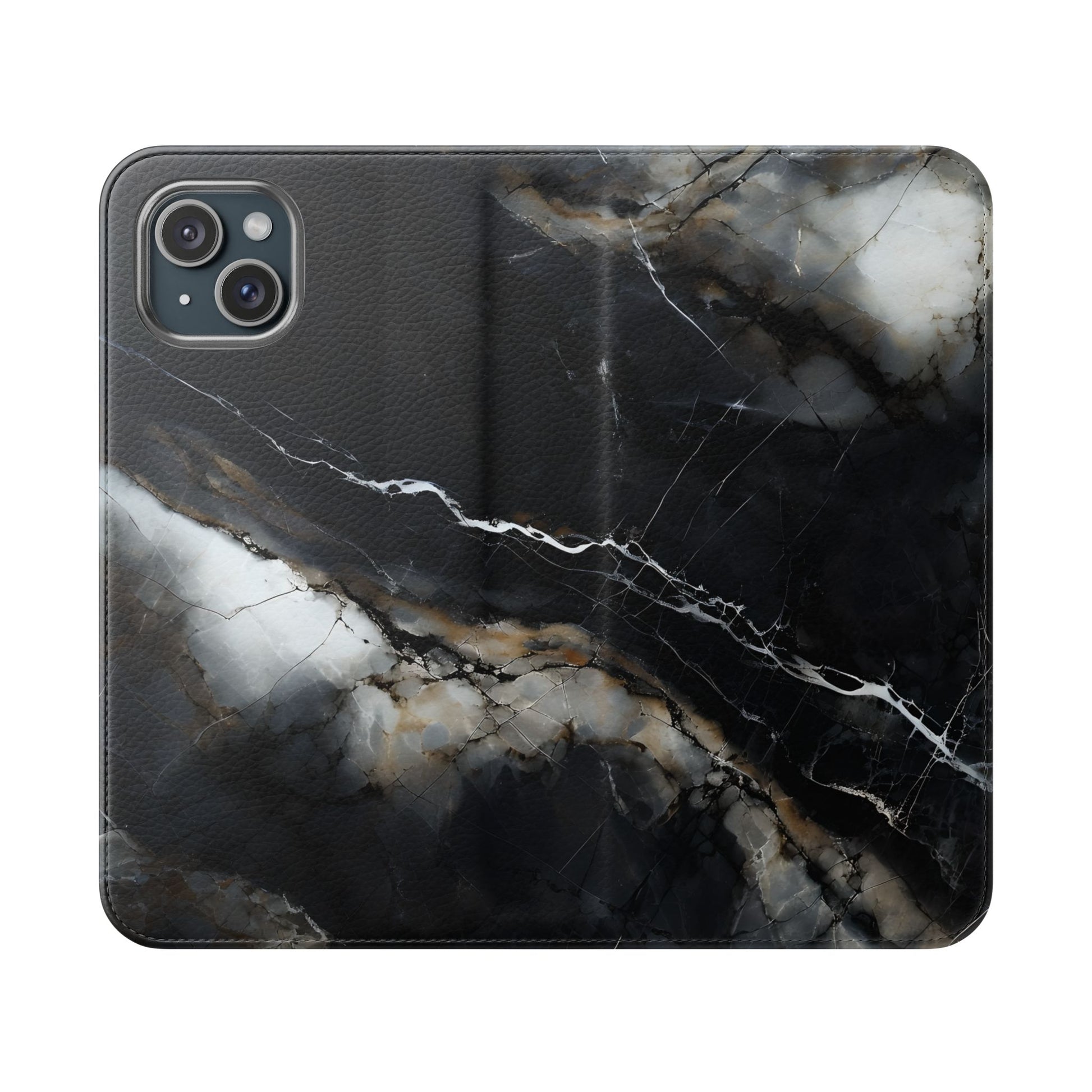 Obsidian Vein Wallet Phone Case - Black & White Marble - Flip Cover for iPhone 15 Plus