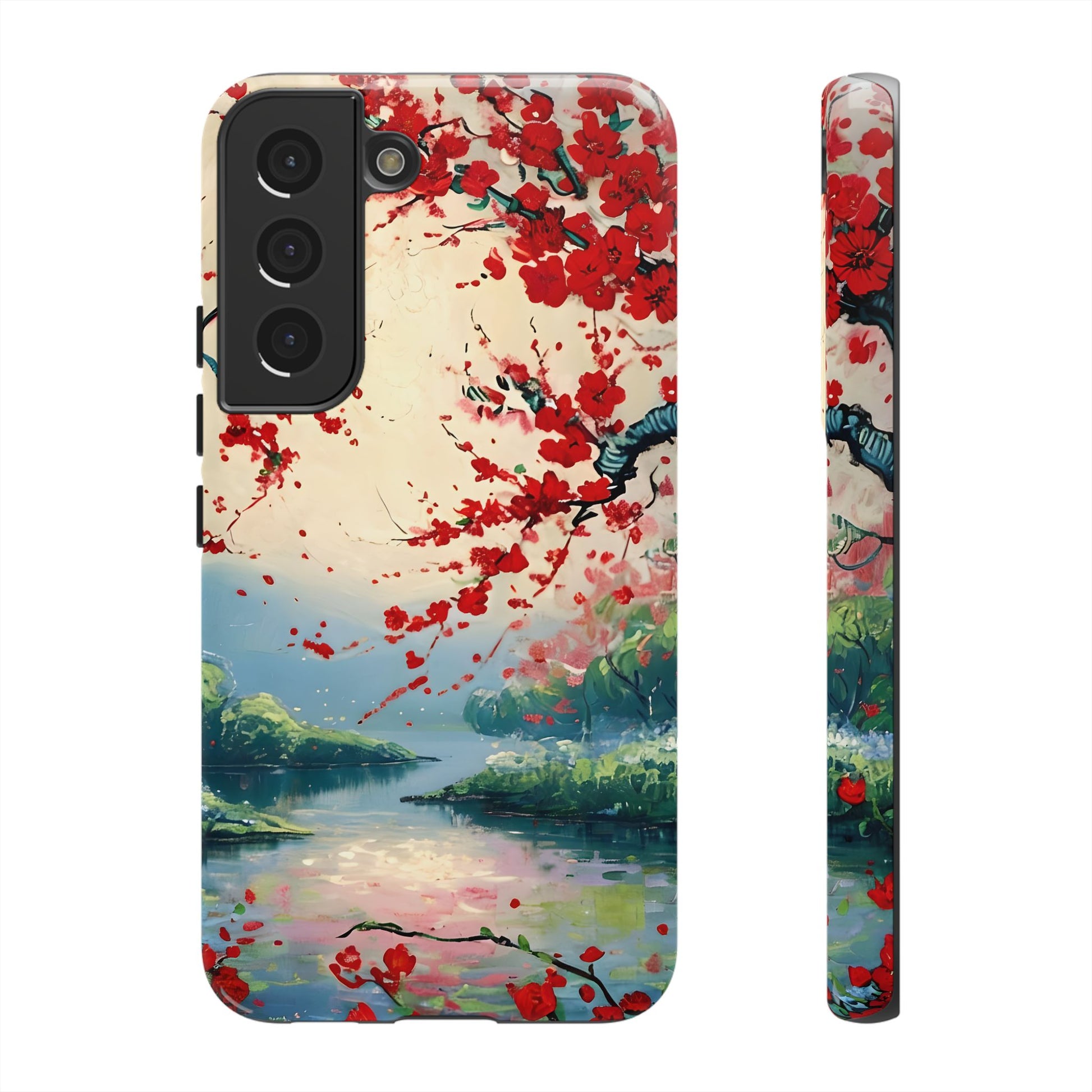 Crimson Blossom Lake - Artistic Floral Landscape Samsung Galaxy S22 Tough Phone Case - Red Cherry Blossoms & Serene Lake Design