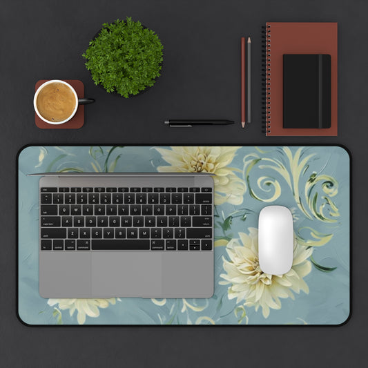 Golden Dahlia Trio desk mat in workspace with keyboard showing elegant dahlia floral artwork