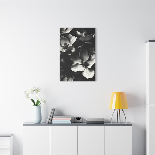 Monochrome Magnolia wall art canvas displayed above a modern white console table in a bright living room